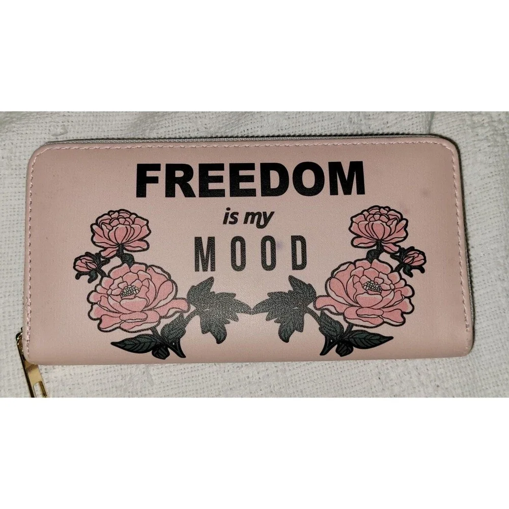 Pink Zip Around Wallet Faux Leather Card Slots Pockets Freedom is my Mood Floral